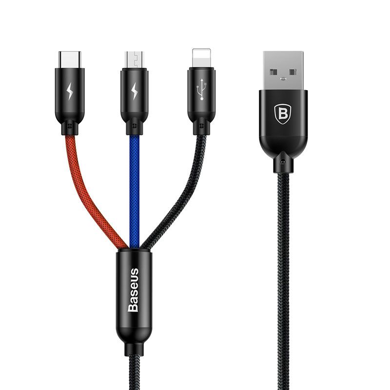 Cabo 3n1 Cores Primárias Baseus: USB para Type-C, Lightning e Micro USB