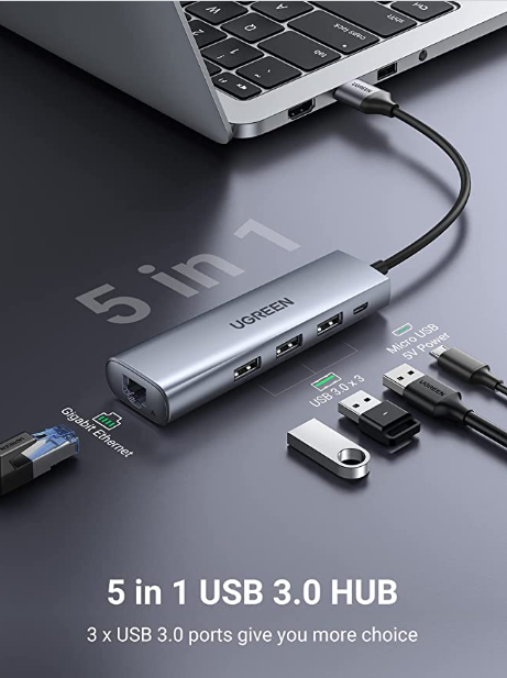 Hub UGREEN USB-C para 3*USB HUB+ Gigabit Conversor para PD