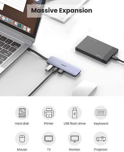 Hub USB-C para HDMI+3*USB 3.0 A+PD Power Converter