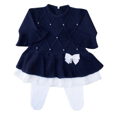 Conjunto bebê barra renda vestido e calça - Azul marinho