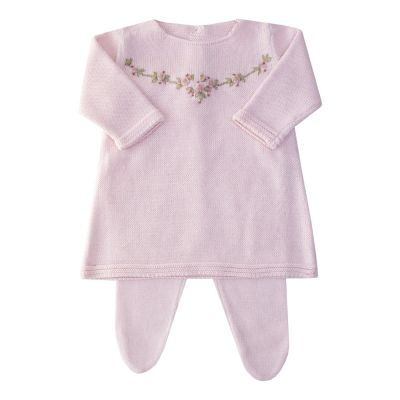 Conjunto bebê vestido e calça arco de flores - Rosa bebê