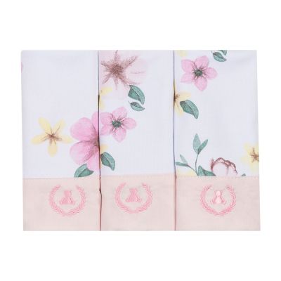Kit toalha de boca com 3 peças floral - Branco e rosa