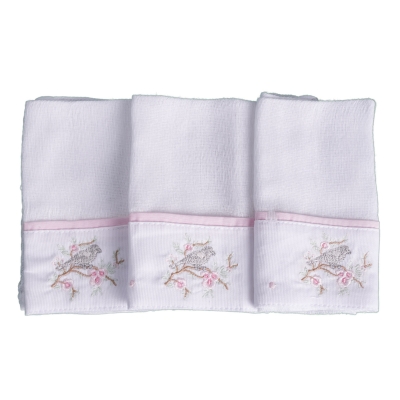 Kit toalha de boca pássaro 3 peças - Branco e rosa
