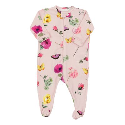 Macacão bebê com zíper e pé floral com borboleta - Rosa