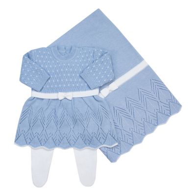 Saída de maternidade casinha de abelha vestido, calça e manta - Azul bebê e branco