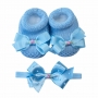 Kit sapatinho e faixa bebê com laço de cetim bordado - Azul bebê
