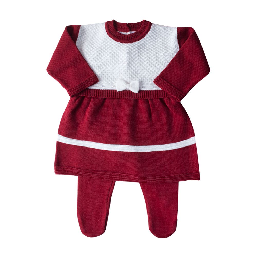Conjunto bebê vestido e calça tressê - Vermelho e off white