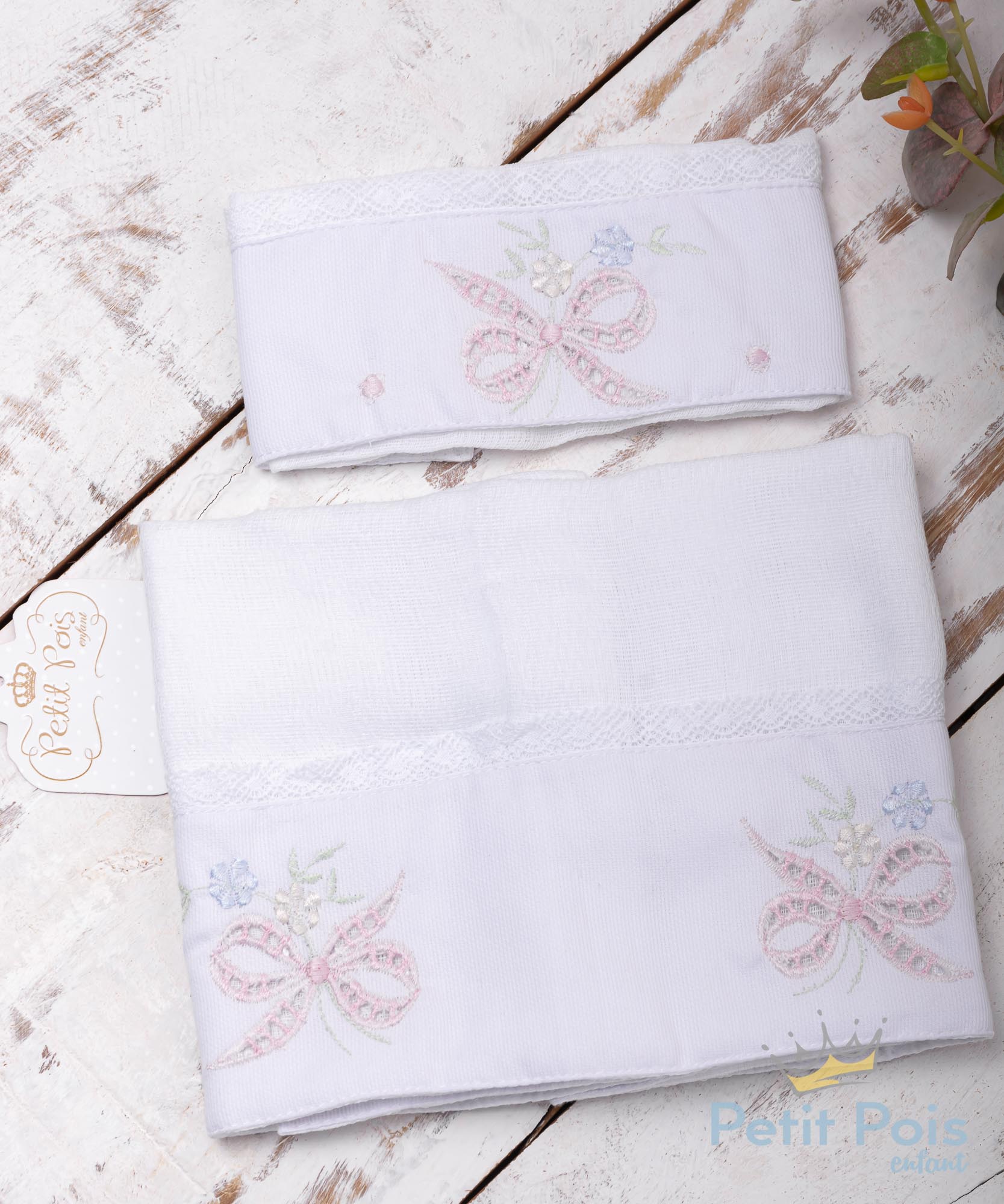 Kit toalha de boca com 2 peças laço - Branco e rosa