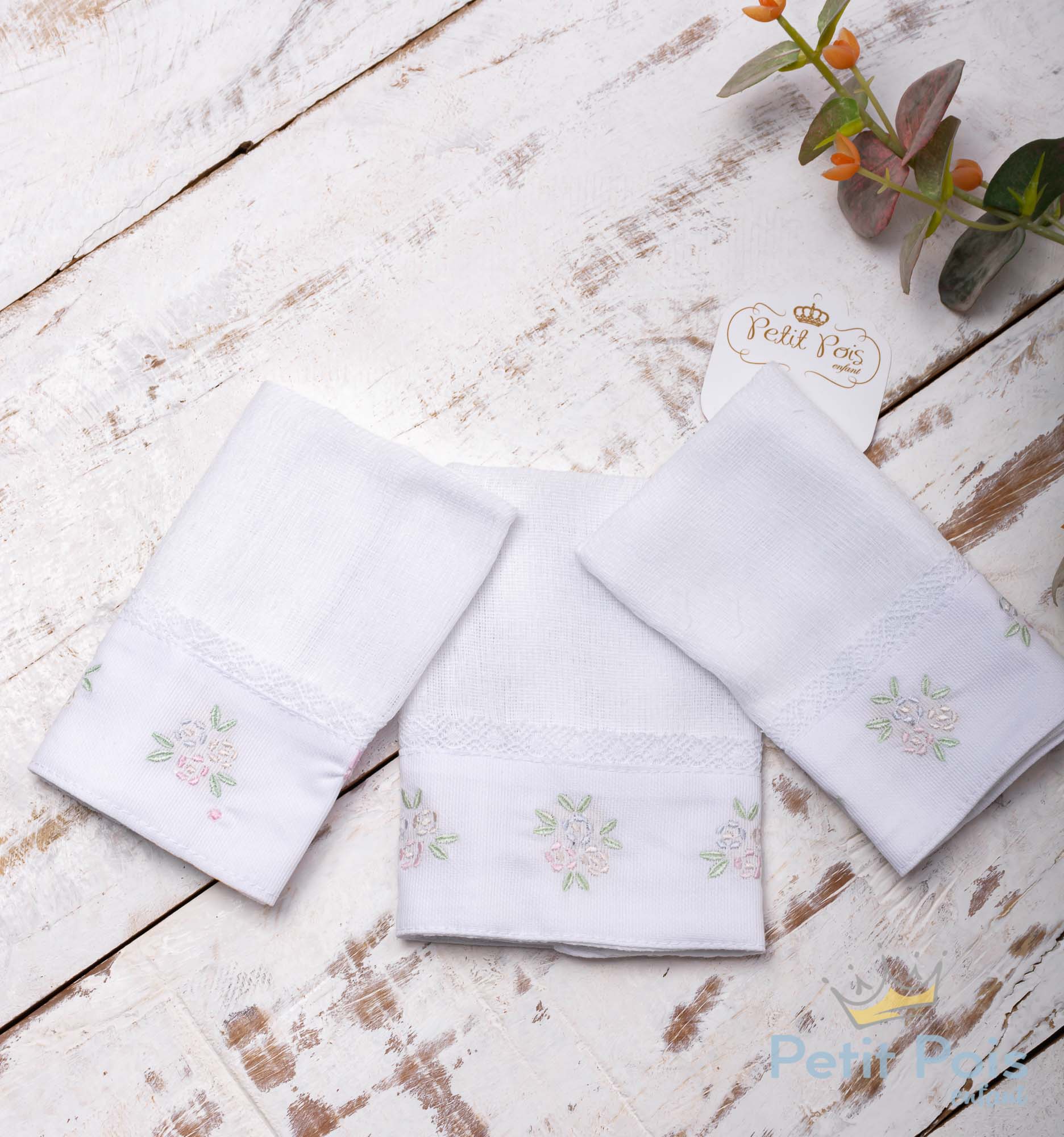 Kit toalha de boca flor com renda 3 peças - Branco