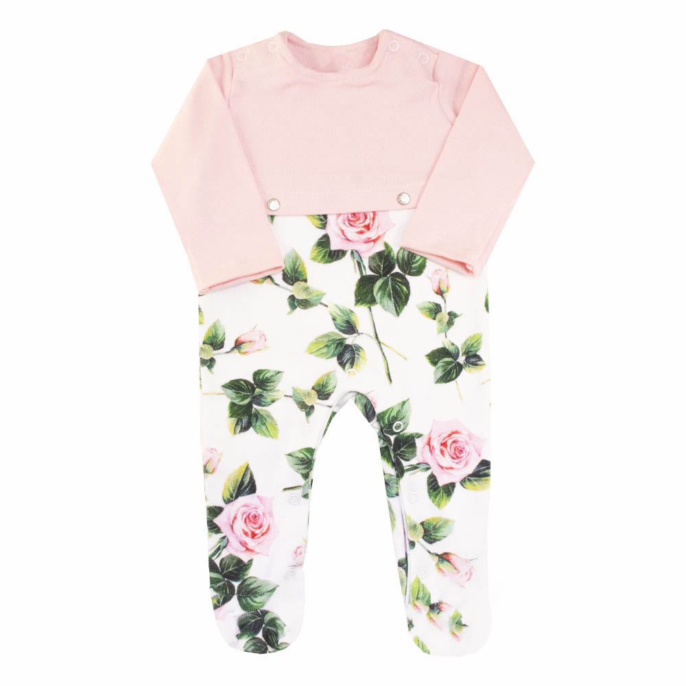 Macacão bebê botão na cintura floral - Branco e rosa