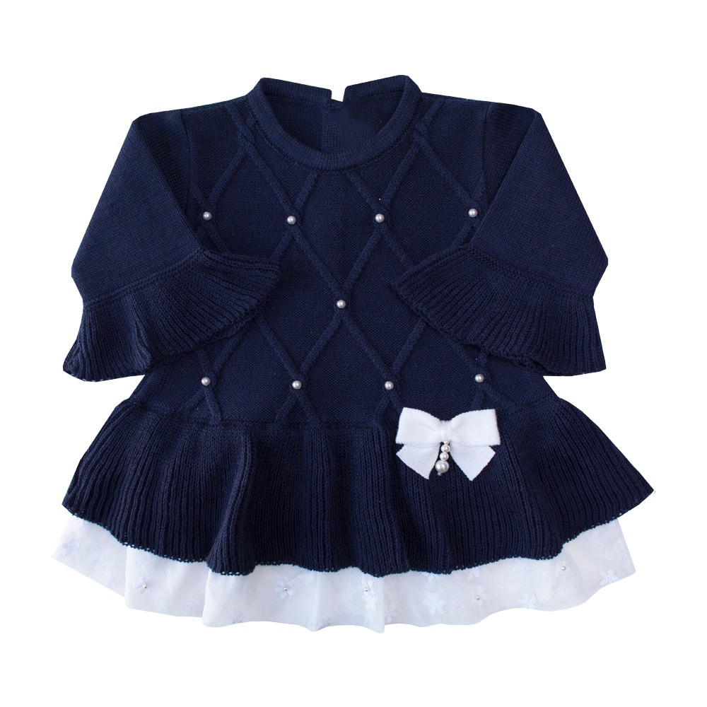Saída de maternidade barra renda vestido, calça e manta - Azul marinho