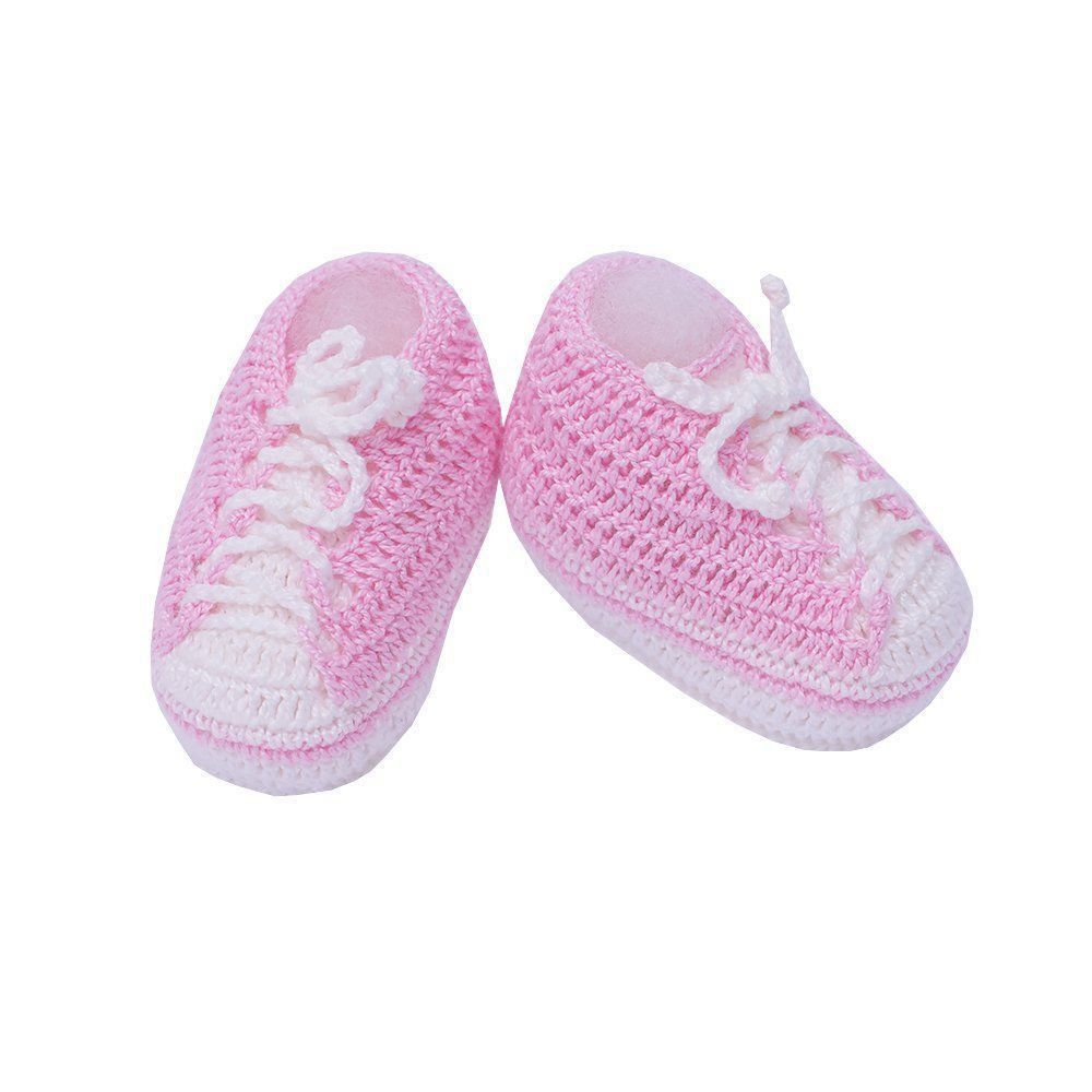 Sapatinho bebê tênis em tricot - Rosa bebê e branco