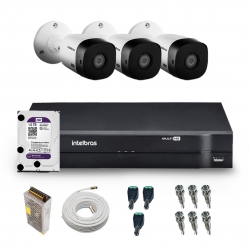 Kit 3 câmeras Bullet 720p VHD 1130 B + DVR Gravador de Vídeo MHDX 1004-C com 4 canais + HD 1TB Purple + Acessórios