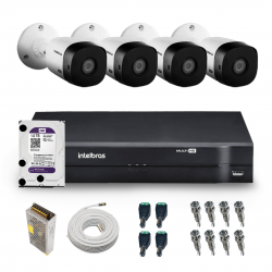 Kit 4 câmeras Bullet 720p VHC 1120 B + DVR Gravador de Vídeo MHDX 1004-C com 4 canais + HD 1TB Purple + Acessórios