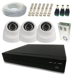Kit Super Light 3 Câmeras Dome, DVR 4 canais, cabo, fonte e conectores