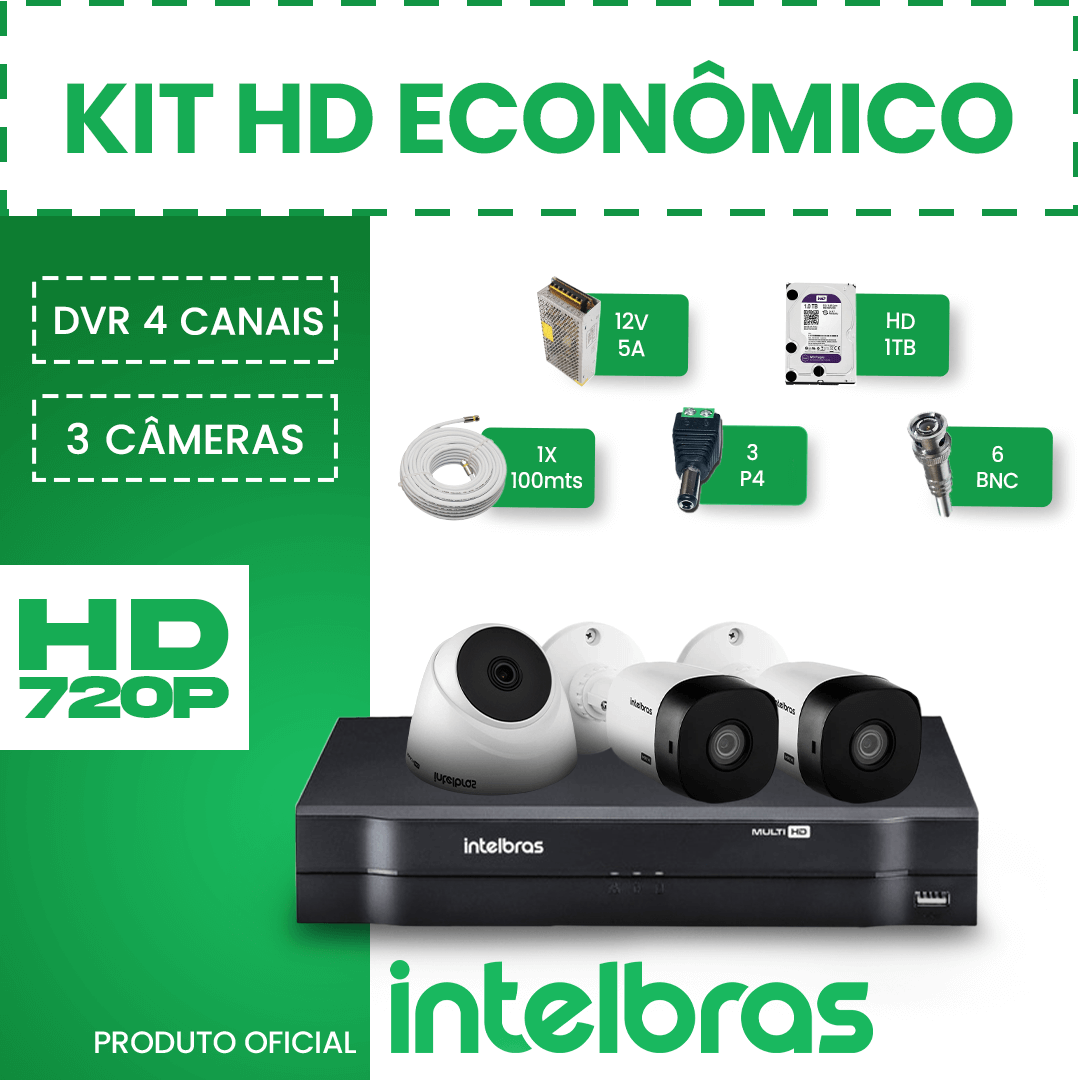 Kit 2 câmeras Bullet VHL 1120 B e 1 Câmera Dome 720p VHL 1120 D + DVR Gravador de Vídeo MHDX 1004-C com 4 canais + HD 1TB Purple + Acessórios  - CFTV Clube | Brasil