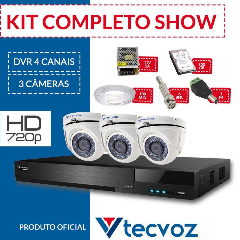 Kit Tecvoz Completo em Alta Definição - 3 câmeras interna HD  - CFTV Clube | Brasil