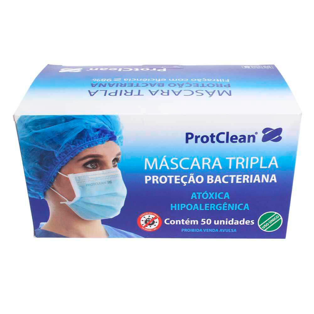 Máscara Tripla ProtClean Proteção Bacteriana Com Elástico 50un Branca
