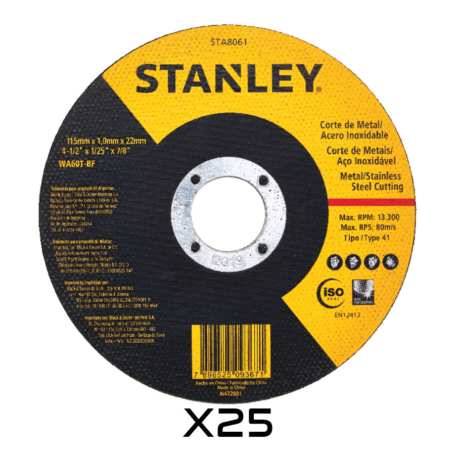 Kit 25 Disco de Corte Fino 4-1/2" x 1mm x 7/8" p/ Metal Stanley
