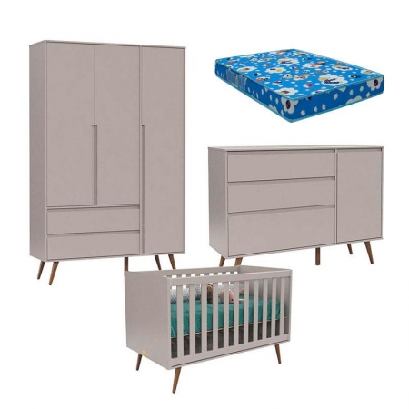 Quarto de Bebê 3 Portas Cômoda com Porta Retro Clean Cinza Eco Wood e Colchão - Matic