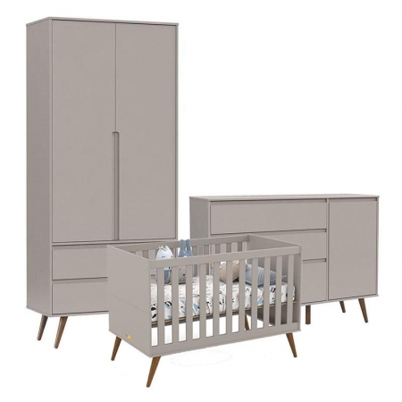 Quarto de Bebê Retrô Clean 2 Portas com Berço Retrô Gold Cinza Soft Eco Wood - Matic 