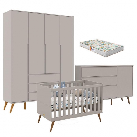 Quarto de Bebê Retrô Clean 4 Portas com Berço Retrô Gold Cinza Soft Eco Wood com Colchão Gazin - Matic 