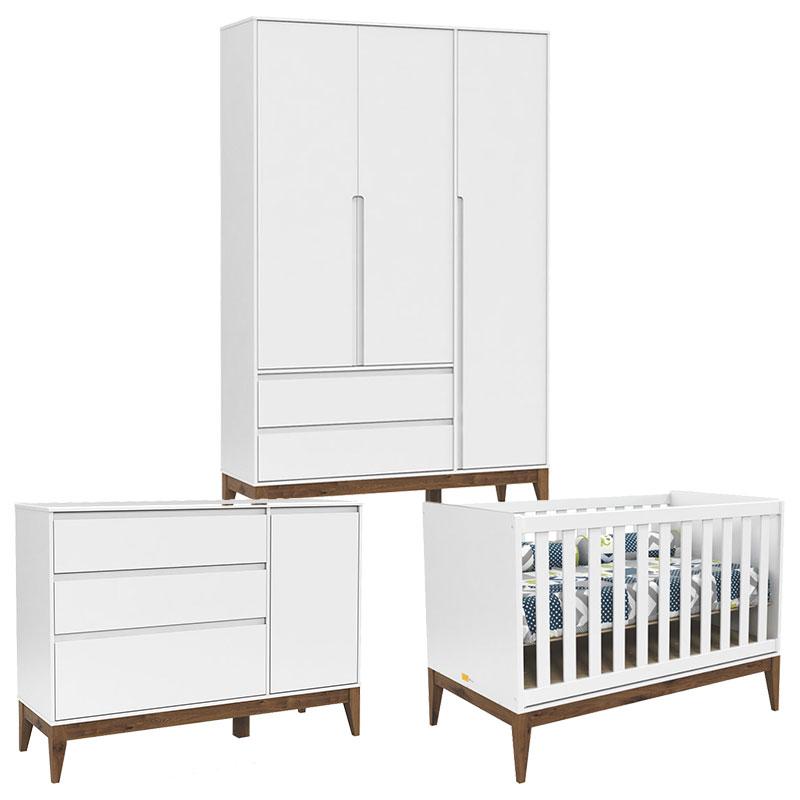 Quarto de Bebê 3 Portas Cômoda com Porta Nature Clean Branco Acetinado Eco Wood - Matic
