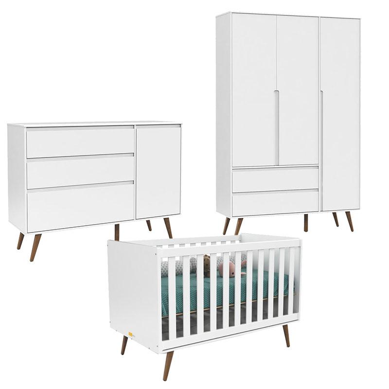 Quarto de Bebê 3 Portas Comoda com Porta Retro Clean Branco Acetinado Eco Wood - Matic