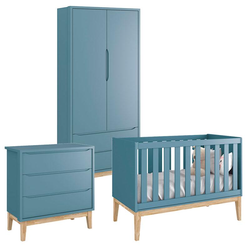 Quarto de Bebê Classic 2 Portas Azul com Pés Madeira Natural - Reller