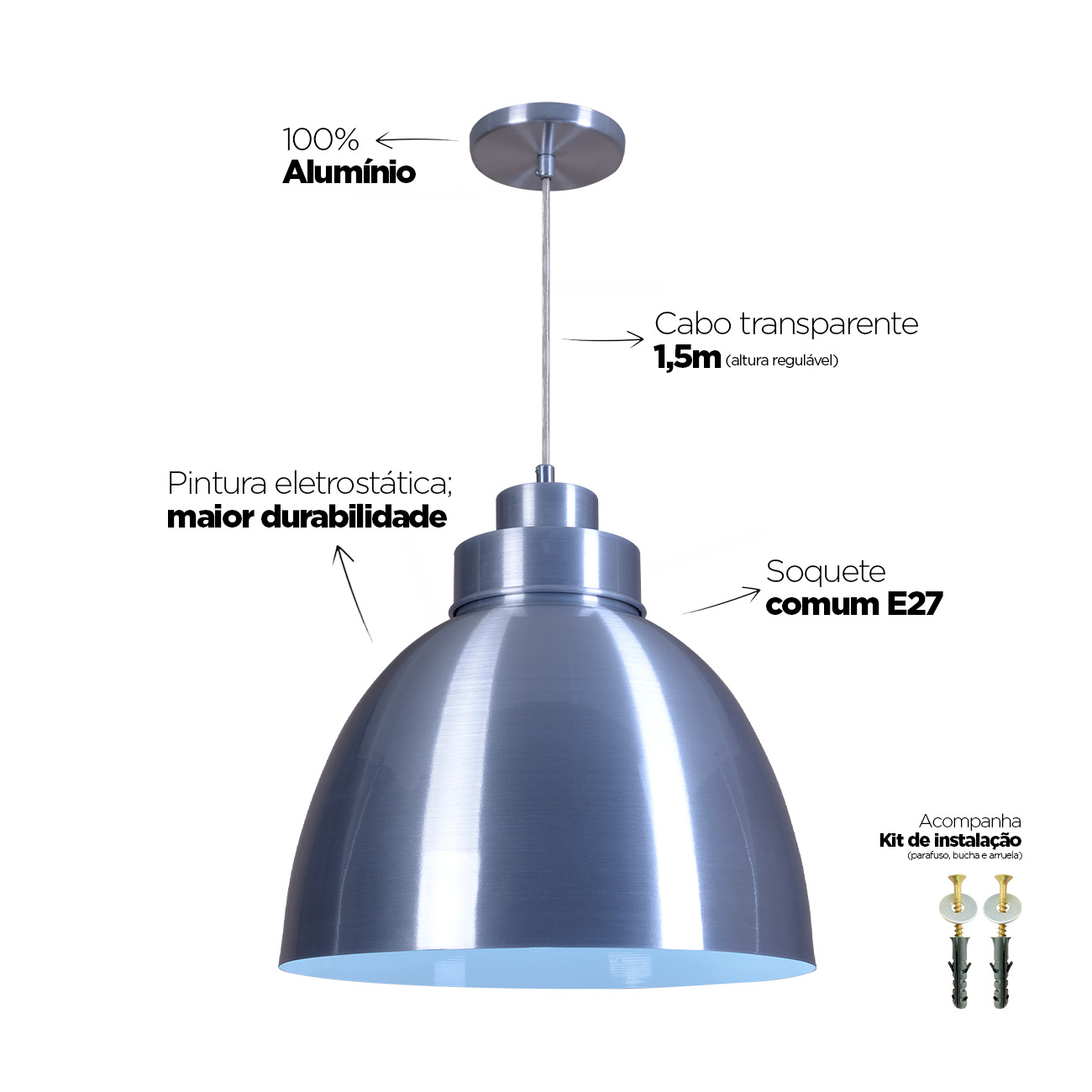 Pendente Industrial 40cm Luminária Lustre Alumínio Escovado - Rei Da Iluminação