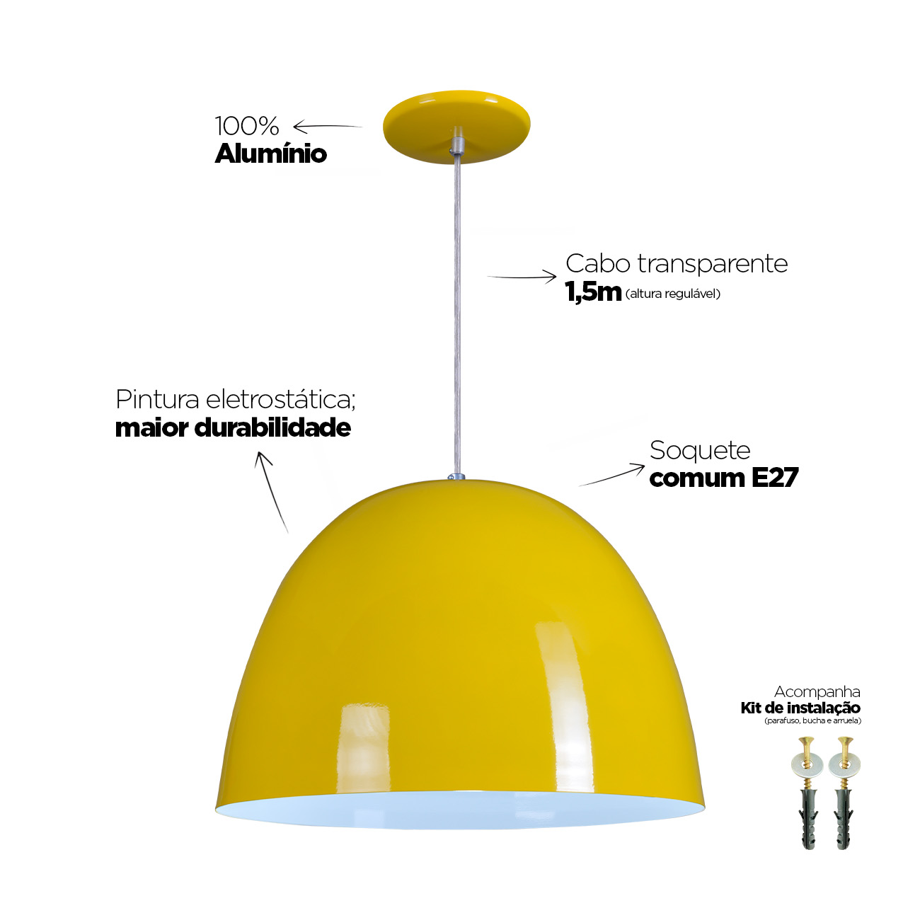 Pendente Oval 40cm Luminária Lustre Alumínio Amarelo - Rei da Iluminação