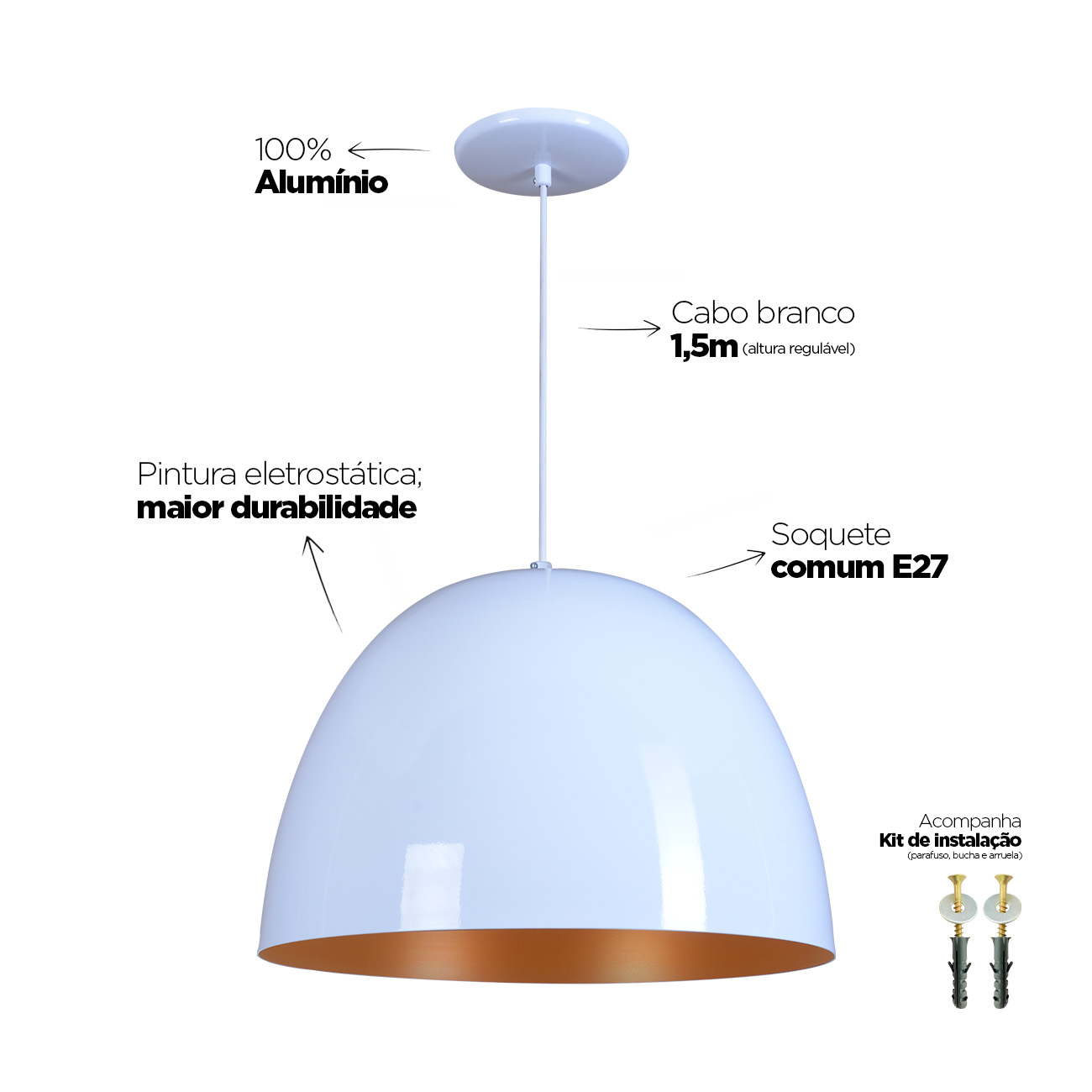 Pendente Oval 40cm Luminária Lustre Alumínio Branco Brilhante C/ Cobre - Rei da Iluminação