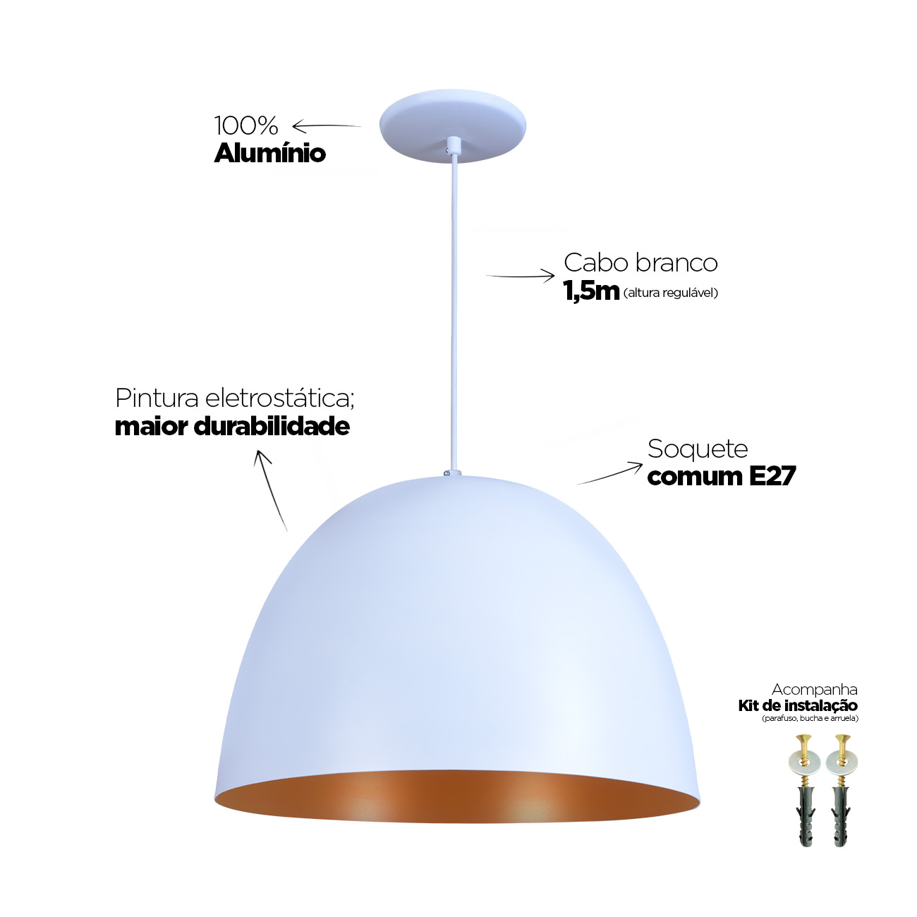 Pendente Oval 40cm Luminária Lustre Alumínio Branco Textura C/ Cobre - Rei da Iluminação