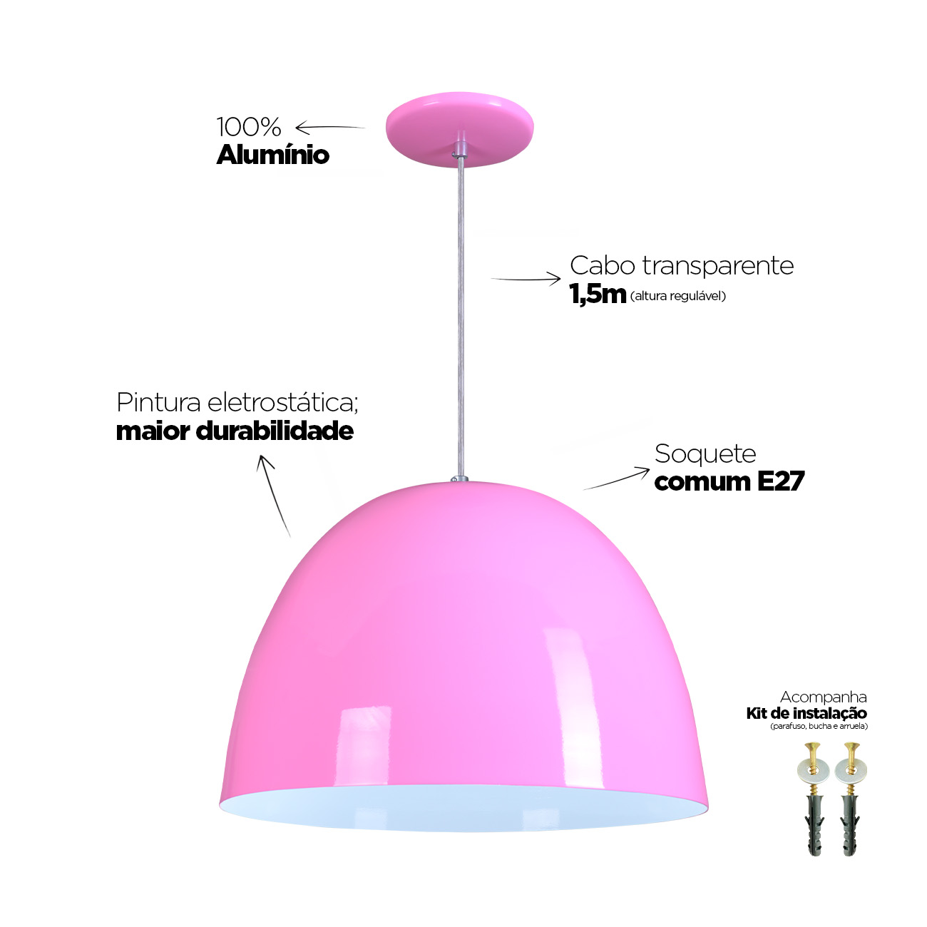 Pendente Oval 40cm Luminária Lustre Alumínio Rosa - Rei da Iluminação