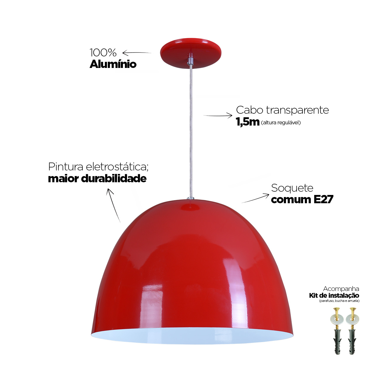 Pendente Oval 40cm Luminária Lustre Alumínio Vermelho - Rei da Iluminação