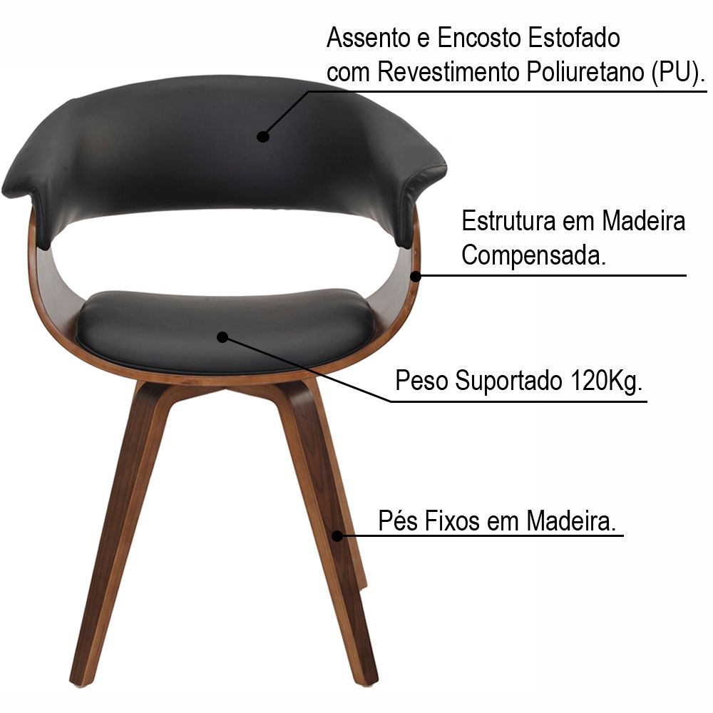 Kit 02 Cadeiras Decorativas para Escritório Recepção Ohana Fixa PU Sintético Preto G56 - Gran Belo