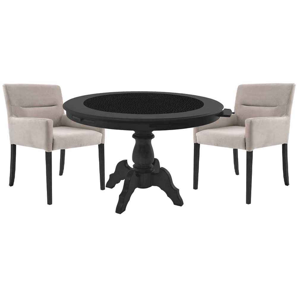 Mesa de Jogos Carteado Montreal Redonda Tampo Reversível Preto com 2 Cadeiras Vicenza Nude G36 G15 - Gran Belo