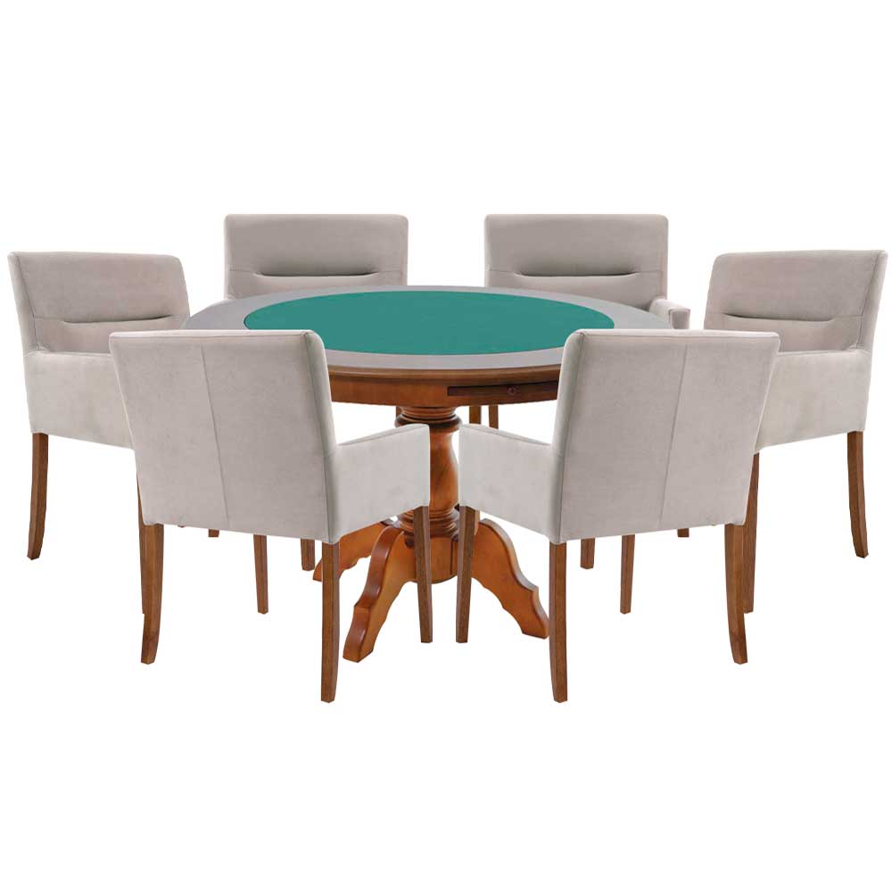 Mesa de Jogos Carteado Redonda Montreal Tampo Reversível Amêndoa com 6 Cadeiras Vicenza Nude G36 G15 - Gran Belo