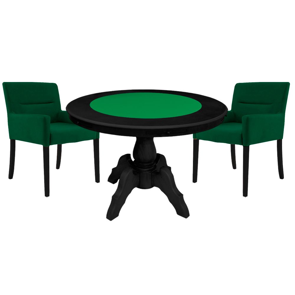 Mesa de Jogos Carteado Redonda Montreal Tampo Reversível Preto com 2 Cadeiras Vicenza Verde G36 G15 - Gran Belo