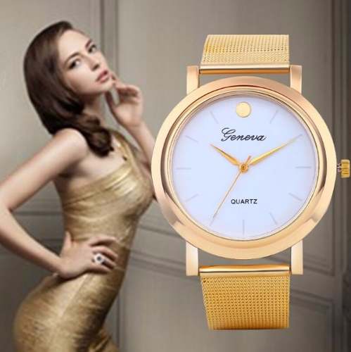 Lindo Relógio Feminino Dourado Luxo Clássico Geneva Elegante