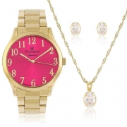 Relógio Champion Feminino Dourado - Cn26019j +colar E Brinco