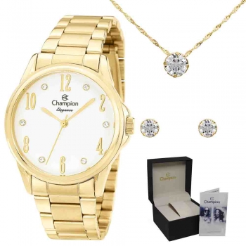 Relógio Champion Feminino Dourado Cn26242w + Kit Semijoias