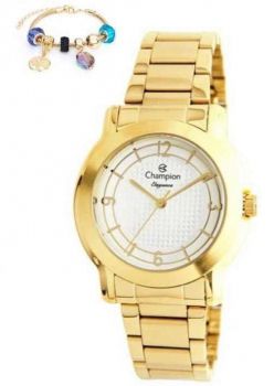 Relógio Feminino Champion Dourado Ouro Com Pulseira Berloque Prova D'água CN24128S
