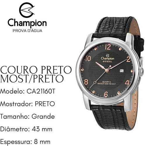 Relógio Champion Masculino Grande Couro Provad'água Ca21160t