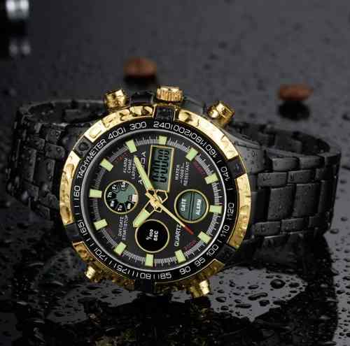 Relógio Dourado Preto Masculino Amuda Luxo - Modelo 2002