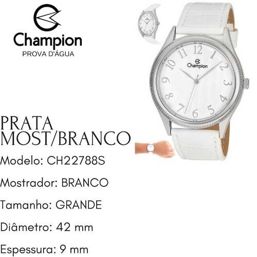 Relógio Champion Feminino Grande Pulseira Branca Ch22788s