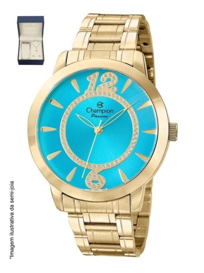 Relógio Champion Feminino Grande Dourado Fundo Azul Com Kit Ch24259y
