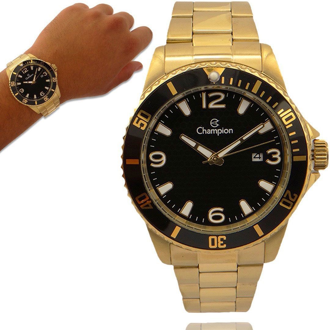 Relógio Champion Masculino Ca31515u Casual Dourado Fundo Preto
