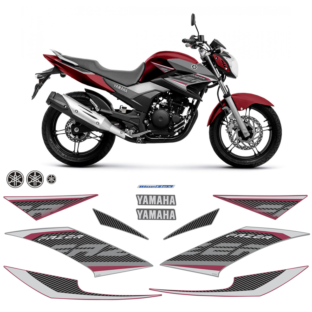 Adesivos Yamaha Fazer 250 2017 2018 Moto Vinho + Emblemas