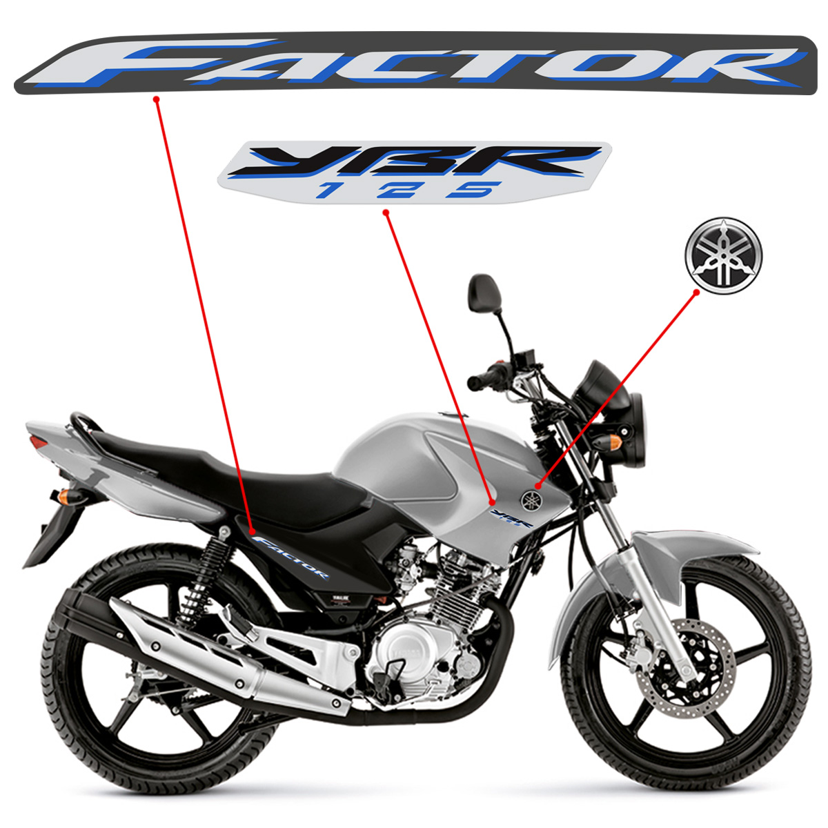 Adesivos Yamaha Ybr 125 Factor 2009 Moto Prata + Emblemas